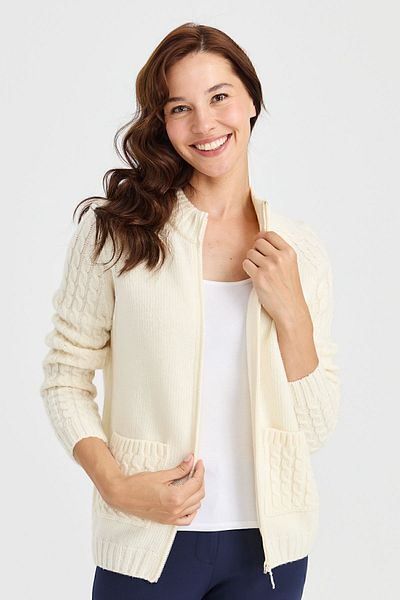 Desen Triko Women's Stand Collar Pocket and Sleeve Hair Knitted Wool Cardigan Bone