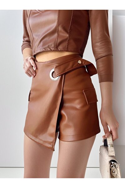 Loomora Kadın Kahverengi Kuş Gözü Detaylı Mini Şık Deri Şort Etek