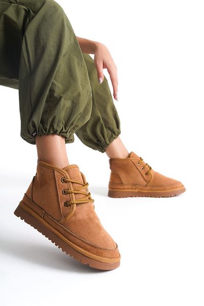 TRENDELLA Tan Χειμερινές Γυναικείες Μπότες - Μποτάκι με Γούνα Εσωτερικά