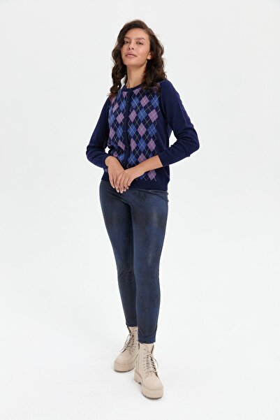 Desen Triko Navy Blue Women's Wool Cardigan - Null Collar, Checkered Front Y.A