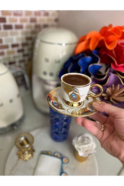 Kosova White Feather Pattern Footed Turkish Coffee Cup for 6 People