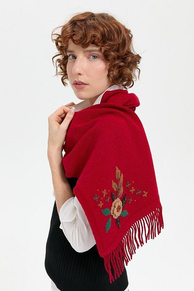 Desen Triko Red Daisy Flower Patterned Women's Wool Beret
