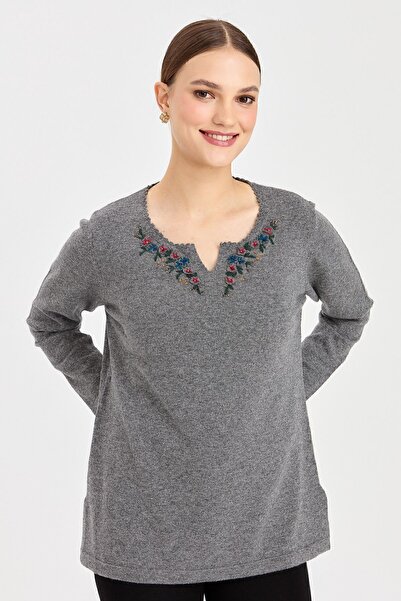 Desen Triko Women's Zero Collar Lace Embroidered Wool Sweater Smoked