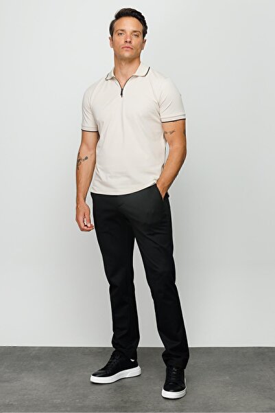 Desen Triko Men's Zippered Polo Neck T-shirt Stone