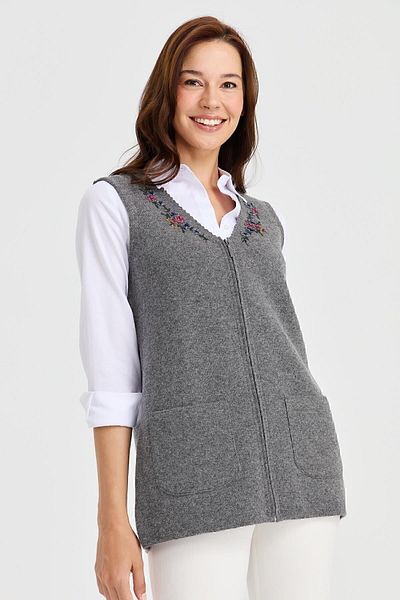 Desen Triko Women's V-Neck Lace Embroidered Wool Vest Smoked