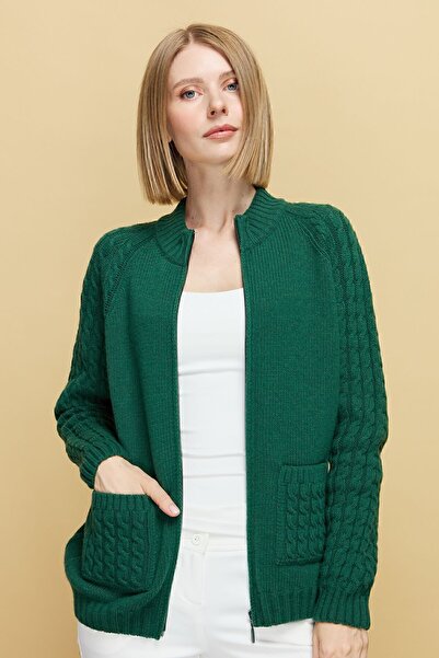 Desen Triko Women's Woolen Jacket with Hair Knit Detail and Stand Collar