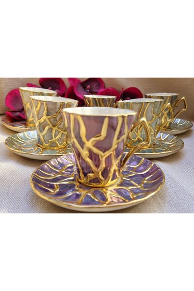 BY.RAYKA PORSELEN El Dekor MAJESTİK ALTILI KAHVE FİNCAN TAKIMI