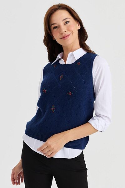 Desen Triko Women's Crew Neck Front Loose Linked Wool Sweater Indigo