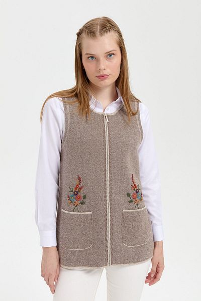 Desen Triko V.beige Women's Wool Vest - Zero Collar, Pocket Embroidered, Short Vest