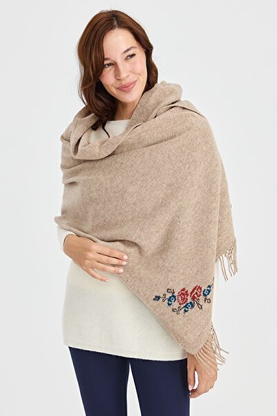 Desen Triko Γυναικείο Πλεκτό Μάλλινο Σάλι με Λουλούδια Κόκκινο Μπεζ