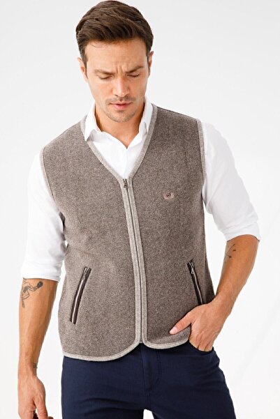 Desen Triko Men's Pique Woven Zipper Pocket Knitwear Vest Mink