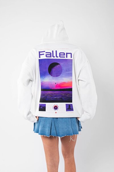 Bak Moda Fallen με τύπωμα oversized Unisex Λευκό Φούτερ με κουκούλα