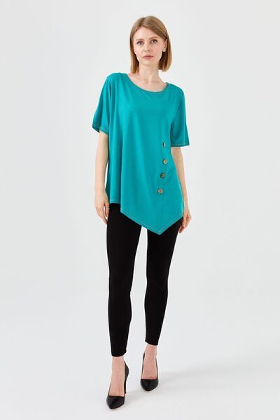 Desen Triko Γυναικείο μπλουζάκι με λαιμόκοψη με ξύλινο κουμπί μπροστά, χτενισμένο βαμβακερό πράσινο