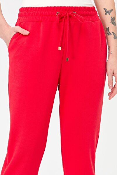 Desen Triko Kadın Paça Arkası Lastikli Cepli Eşofman Pantolon Kırmızı