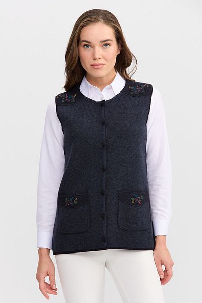 Desen Triko Women's Crew Neck Shoulder Pocket Cover Felt Embroidered Buttoned Vest Dark Blue
