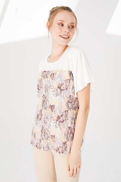 Desen Triko Women's Crew Neck Short Sleeve Patterned Combed Cotton Blouse Bone