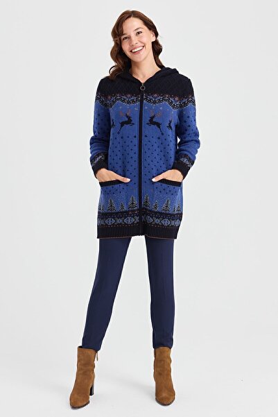 Desen Triko Kadın Kapüşonlu Geyik Desenli Yün Hırka K.Lacivert