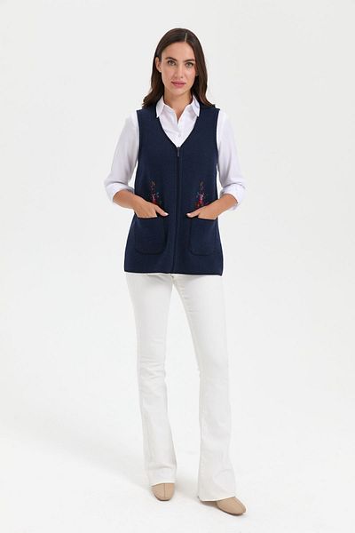 Desen Triko Dark Blue Embroidered V-neck Wool Vest - Embroidered Pocket Top