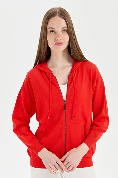 Desen Triko Coral Colored Women's Knitwear Hooded Summer Cardigan