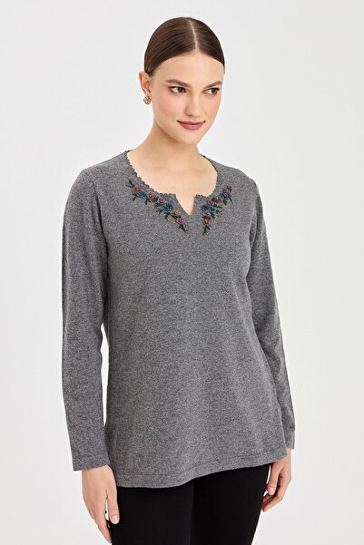 Desen Triko Women's Zero Collar Lace Embroidered Wool Sweater Smoked