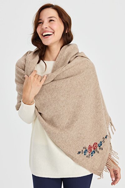 Desen Triko Γυναικείο Πλεκτό Μάλλινο Σάλι με Λουλούδια Κόκκινο Μπεζ