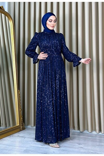 butiksare KADIN LACİVERT PULPAYETLİ Tesettür Abiye Elbise 1000