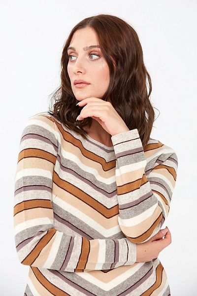 Desen Triko Γυναικείο ριγέ πουλόβερ με λαιμόκοψη V.beige