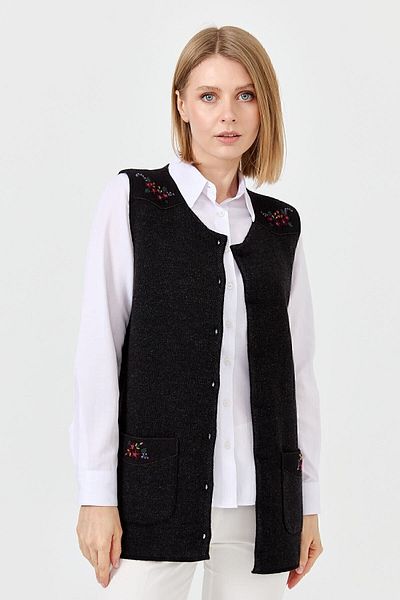Desen Triko Women's Zero Collar Shoulder Pocket Cover Felt Embroidered Buttoned Vest Black