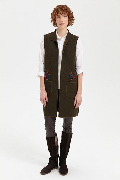 Desen Triko Women's Polo Neck Open Front Embroidered Long Wool Vest A.Green