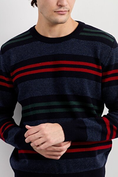 Desen Triko Чоловічий светр з коміром-стійкою, кольоровими смужками, класичний, вовняний, темно-синій