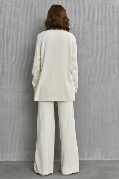 barış sülün lovebox Rugalmas kötöttáru szövet állvány gallér hosszú ujjú ekrü pulóver és magas derekú ekrü nadrág szett 1070