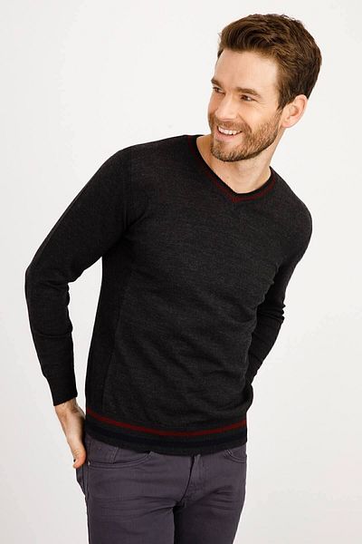 Desen Triko Men's Collar Edge Striped V-Neck Sweater Smoked