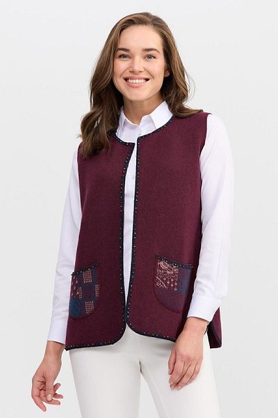 Desen Triko Women's Crew Neck Water Stone Bead Embroidered Short Vest Red