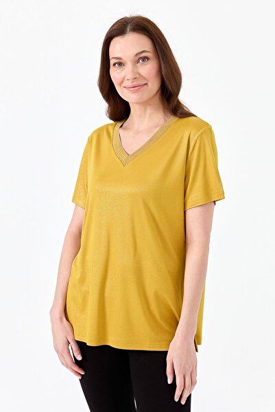 Desen Triko Women's V-neck Striped Combed Cotton T-shirt Yellow