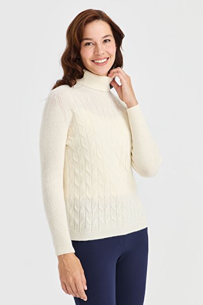 Desen Triko Women's Full Turtleneck Front Loose Wool Sweater Bone