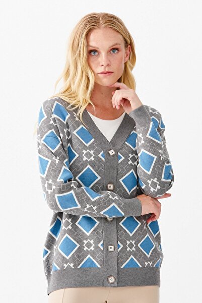Desen Triko Women's V-Neck Square Patterned Cardigan