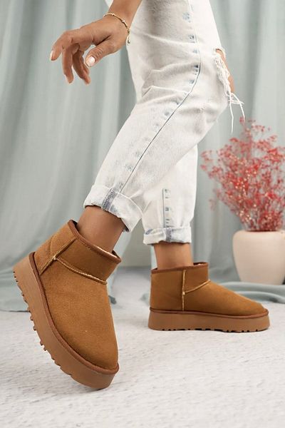 Victoria Shoes Ultra Mini Suede Tan Cinnamon Boots - Γυναικεία παπούτσια με τρίχες και γούνα στο εσωτερικό