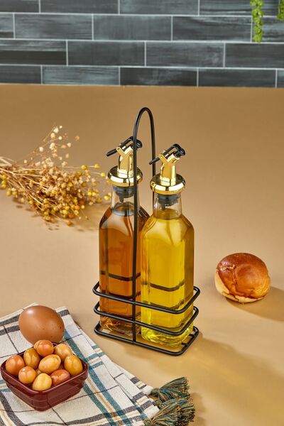 Sarina Cam Stantlı 2'li 250 ml Zeytinyağı Sıvıyağ Şişesi Yağdanlık Yağlık Set