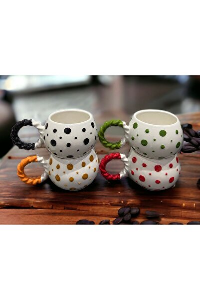 İZart 4-Piece Bubble Mesh Handle Spotted Special Embossed Hand Embroidered Ceramic Mug
