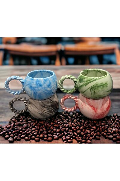 İZart 4 ‘ lü Baloncuk Örgü Kulp Ebruli Seramik Kupa