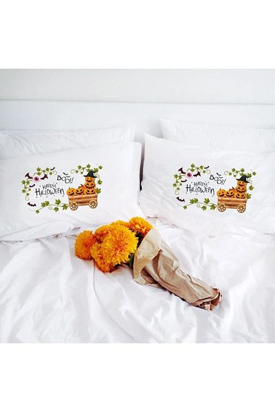 Hediyenza Happy Halloween - Pumpkin - Autumn Double Decorative Pillow Case 50x70 Cm - White