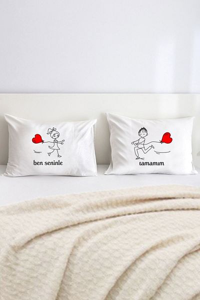 Hediyenza I'm Okay With You Love Printed Double Decorative Pillow Case 50x70 Cm - White