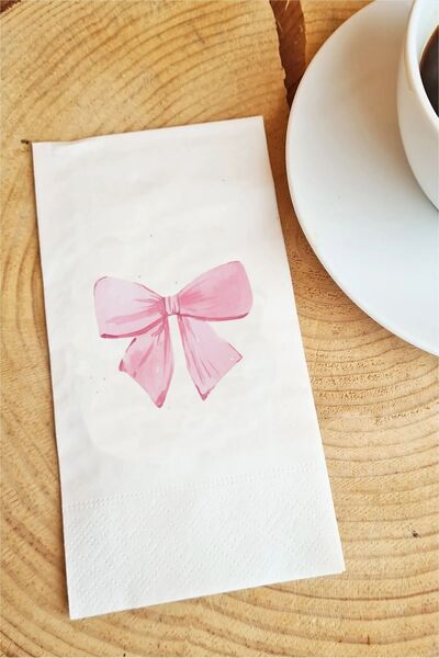 Hediyenza Pembe Kurdele Fiyonk Baskılı Sunum Peçetesi Pink Bow Napkins 0013 20 Adet