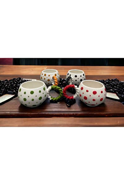 İZart 4-Piece Bubble Mesh Handle Spotted Special Embossed Hand Embroidered Ceramic Mug