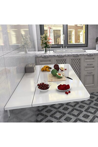 Kydonia Home 60x140 cm 5 kişilik Oval Köşeli Sabit Raflı Parlak Beyaz Duvara Monte Kırma Katlanır Masa