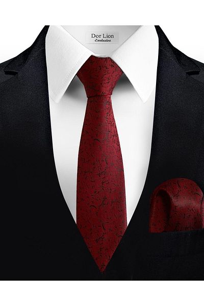 Dor Lion Red Patterned Tie and Handkerchief Set