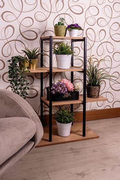 Home 4 Katlı Asimetrik Dekoratif Raf Malzeme Rafı Çok Katlı Metal Ahşap Organ...