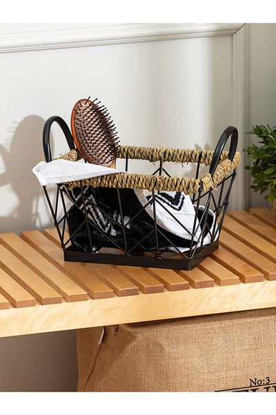 LC Waikiki Organizator din metal negru - Coș decorativ cu detaliu din răchită, 19x25x15 Cm