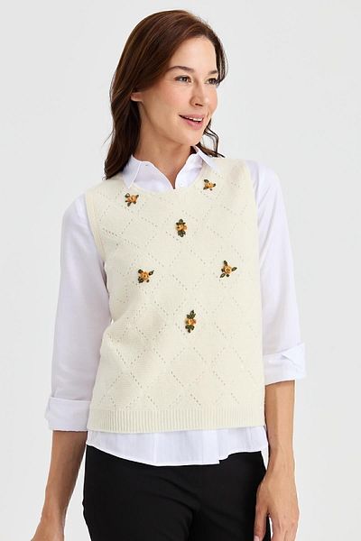 Desen Triko Women's Crew Neck Front Loose Linked Wool Sweater Bone