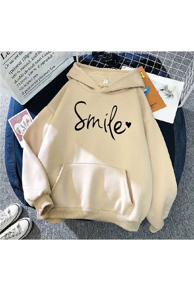caddekombin Hooded Smile Printed Sweatshirt